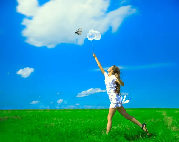 girl with a ring-net on a summer filed. Sunny day. smiling girl holds butterfly net on blue sky with clouds. young adult  woman catching a butterfly in scoop-net. Female with long hair.