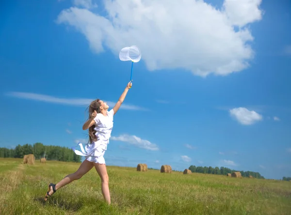 girl with a ring-net on a summer filed. Sunny day. smiling girl holds butterfly net on blue sky with clouds Cute young adult caucasian woman catching a butterfly in scoop-net. Female with long hair.