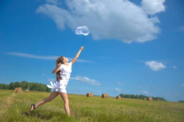 girl with a ring-net on a summer filed. Sunny day. smiling girl holds butterfly net on blue sky with clouds Cute young adult caucasian woman catching a butterfly in scoop-net. Female with long hair.