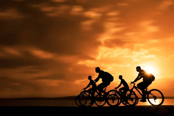 Empty Space. Sporty friends on bicycles on sunset.  cyclists riding along coast. Sport on Nature background.