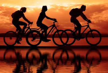 Boşluk. Gün batımında bisiklete binen sportif arkadaşlar. Bisikletçiler sahil boyunca gidiyor. Doğa arka planında spor.