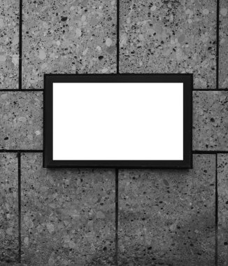 dış arkaplan. Taş duvarda asılı boş bir çerçeve ve kaldırım taşı zemin. boş resim çerçevesi tasarımınız için hazır 