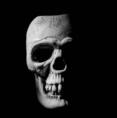 İnsan kafatası. Işık ve gölge. Yazı için boş kopyalama alanı.