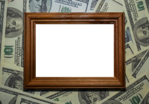 Drewniany Obraz Leży Tle Banknotów Dolarowych — Zdjęcie stockowe