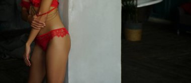 Gri duvarın yanında kırmızı iç çamaşırlı güzel bir kadın duruyor. Yüzü yok. Zayıf ve sportif figür.. 