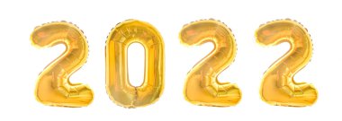 2022 numaralı mutlu yıllar beyaz arka planda izole edilmiş altın balonlar şeklinde. Mutlu yıllar kartı. Mutlu noel balonu afişleri. Tatil dekorasyonu. Renk sembolü seti.