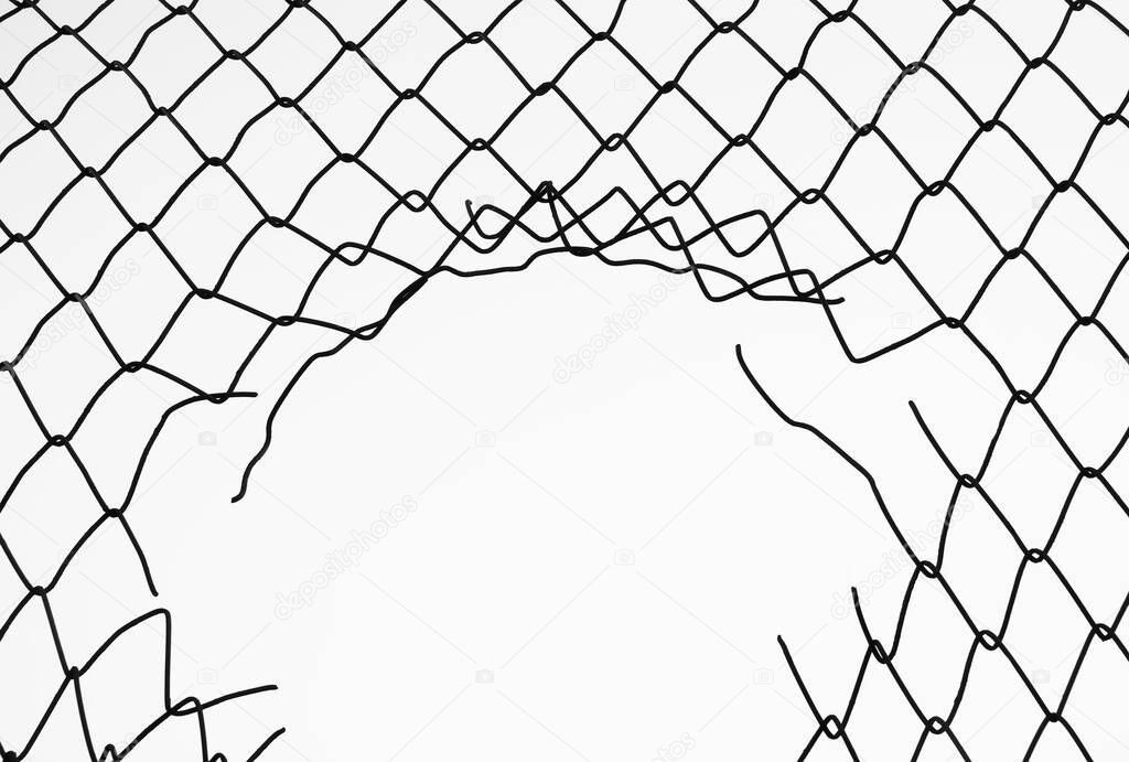 damage wire mesh on white  background. Mesh netting with hole isolated on white  background            