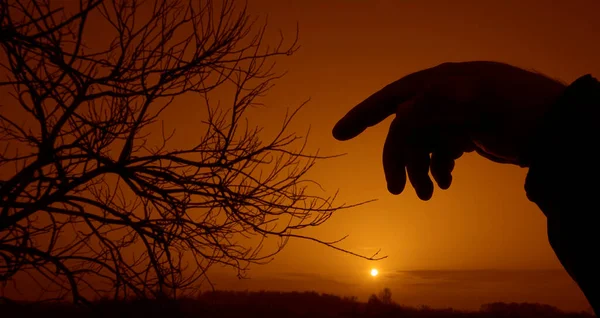 Silhuett Mänsklig Hand Suddig Landskap Bakgrund — Stockfoto