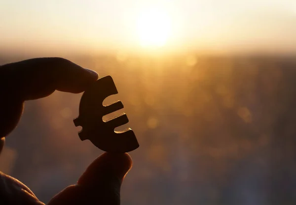 Male Hand Holding Euro Sign Symbol Sunny Sky Background — Stock Photo, Image