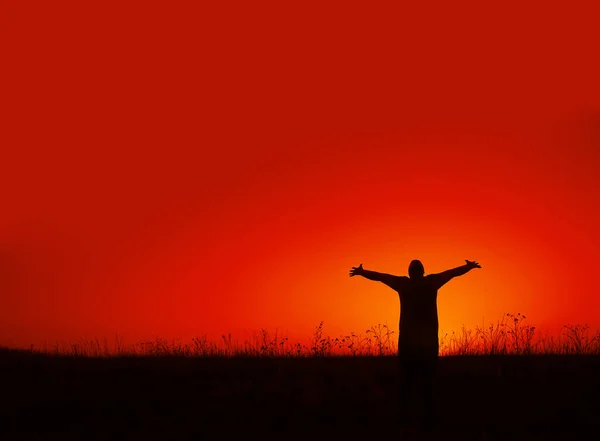 Silhouette Young Man Hands Background Sunset Wild Field Silhouette Man — Stock Photo, Image