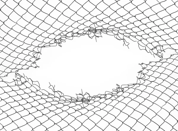 damage wire mesh on white background. Mesh netting with hole isolated on white background.