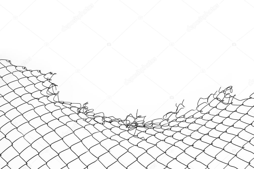 damage wire mesh on white background. Mesh netting with hole isolated on white background.            