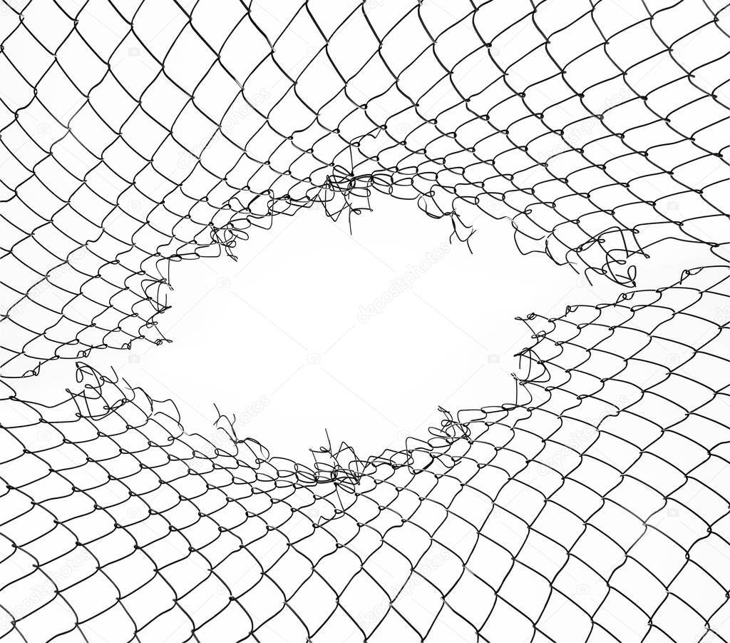 damage wire mesh on white background. Mesh netting with hole isolated on white background.            