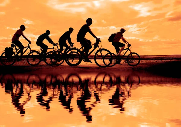 Espacio Vacío Amigos Deportivos Bicicletas Atardecer Ciclistas Largo Costa Deporte —  Fotos de Stock