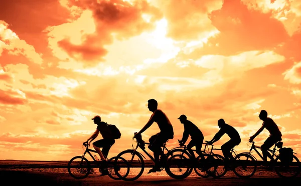 Empty Space Sporty Friends Bicycles Sunset Cyclists Riding Coast Sport — Stock Photo, Image