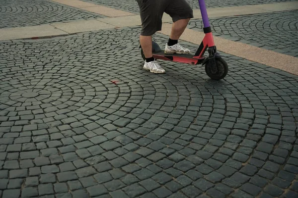 Close Scooter Paving Stone Kick Scooter Man Riding Scooter — Stock Photo, Image