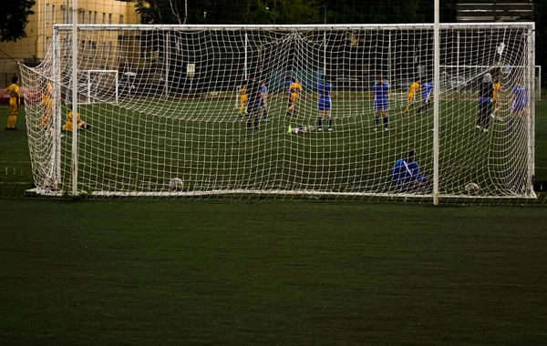 Mujer Portero Con Espalda Gol Equipo Jugando Fútbol Malla Para — Foto de Stock