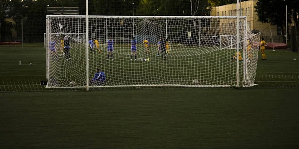 Equipa Jogar Futebol Malha Para Futebol Objetivo Fundo Textura Esporte — Fotografia de Stock