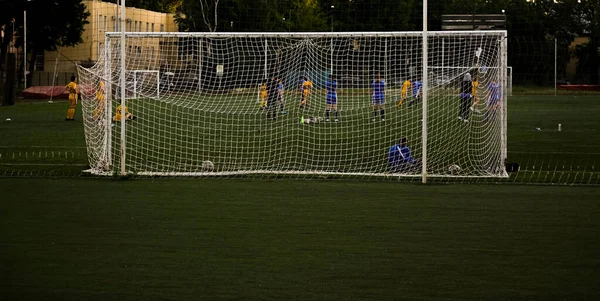 Equipa Jogar Futebol Malha Para Futebol Objetivo Fundo Textura Esporte — Fotografia de Stock