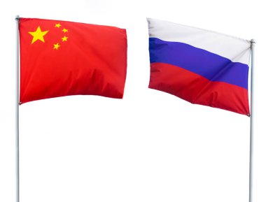 Rusya ve Çin devlet bayrakları. beyaz arkaplanda izole. 