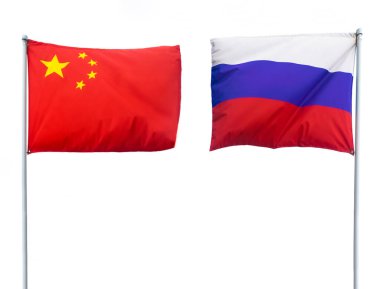 Rusya ve Çin devlet bayrakları. beyaz arkaplanda izole. 