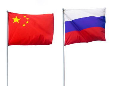 Rusya ve Çin devlet bayrakları. beyaz arkaplanda izole. 