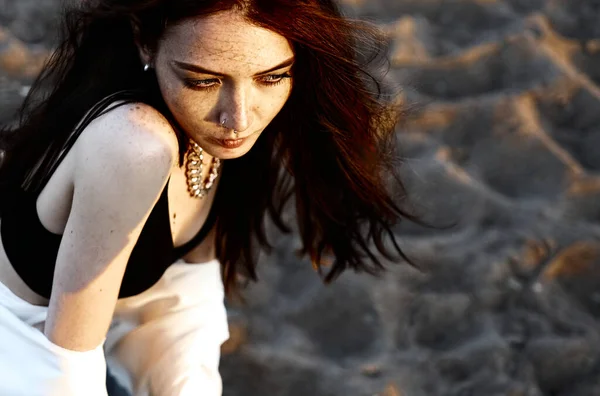 Red Haired Sensual Girl White Shirt Sand Background Sunset Beach — Stock Photo, Image