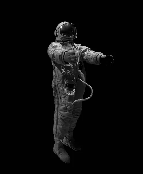Astronauta Traje Espacial Blanco Aislado Sobre Fondo Negro — Foto de Stock