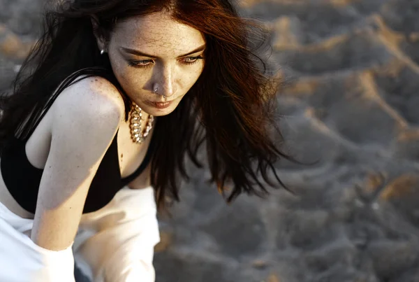 Red Haired Sensual Girl White Shirt Sand Background Sunset Beach — Stock Photo, Image