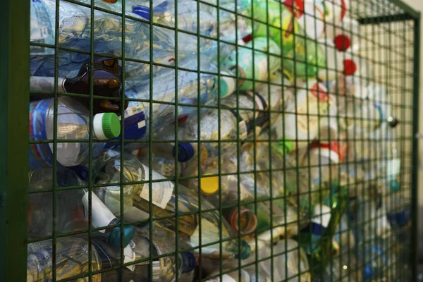 Metal Net Box Container Collection Plastic Bottles Recycle Garbage Sorting — Stock Photo, Image