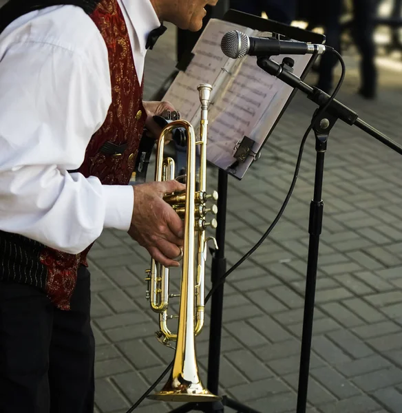 Ein Älterer Mann Spielt Trompete Jazzmusiker Mit Flügelhorn Auf Der — Stockfoto