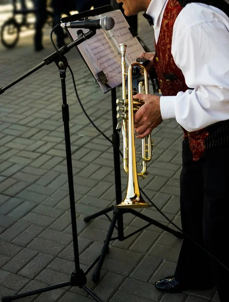 Äldre Man Spelar Trumpet Jazzmusiker Med Flugelhorn Gatan Bakgrund — Stockfoto