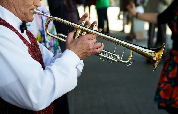 Uomo Anziano Che Suona Tromba Jazz Musician Con Flugelhorn Sullo — Foto Stock