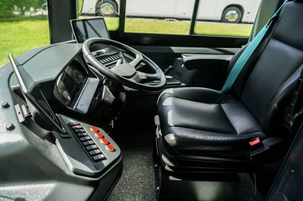 Intercity Bus Dashboard Equipped Video Surveillance System Monitor Steering Wheel — Stock Photo, Image