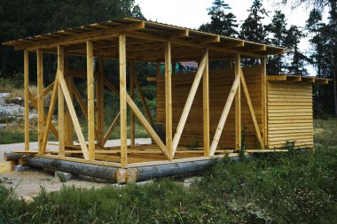 Yaz ormanlarındaki tahtalardan yapılmış bir ahır. - Rusya. Penceresiz ahşap hangar. Duvarlar doğal ahşaptan yapılmıştır.