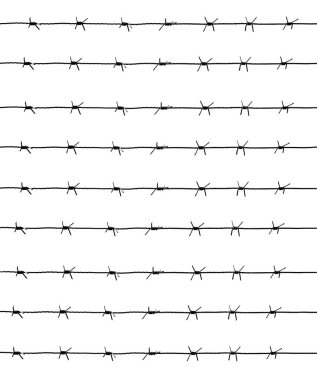 Beyaz arka planda izole edilmiş paslı dikenli tellerin silueti. Cezaevi, savaş ya da göç geçmişi