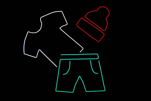 T-Shirt, shorts and red hat - Neon Label.  Illustration of Clothing Promotion. isolated on black background.