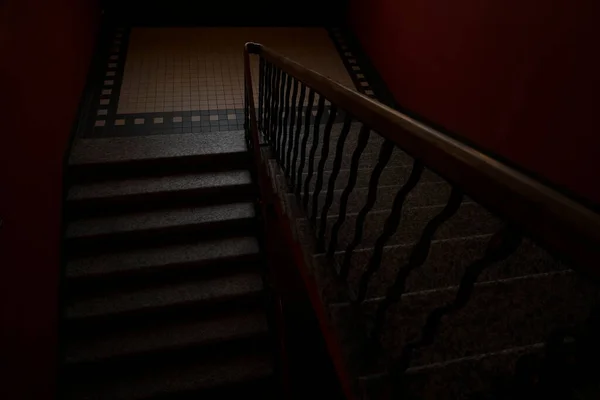 Staircase Shiny Metal Railings Indoors Red Light Ceramic Tiles Business — Stock Photo, Image