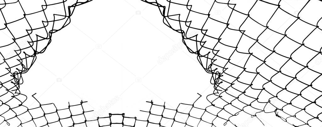 damage wire mesh on white background. Mesh netting with hole isolated on white background