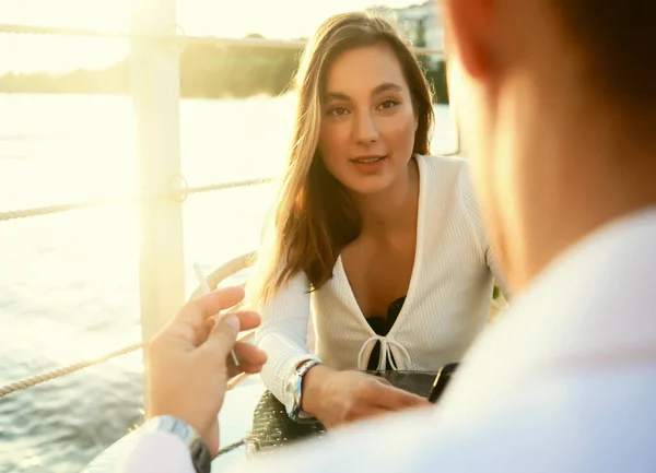 Business Meeting Partners Colleagues Discussing Project Details Table Cafe — Stock Photo, Image