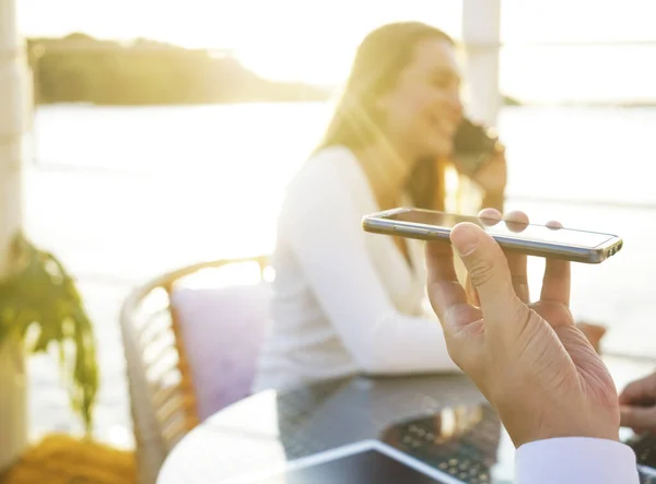 Serious Man Using Voice Recognition Mobile Phone Sitting Armchair Summer — Stock Photo, Image