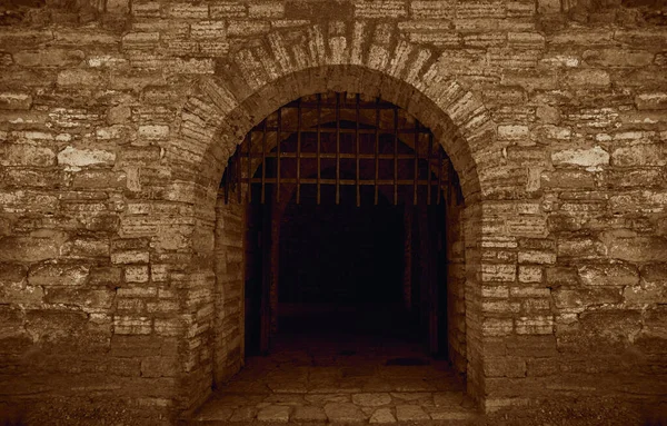 古代の城宮殿 城壁の塔とドアの門 城の壁とドアは隔離された 城宮殿の砦の風景の背景 石造建築巨大金属製の扉 — ストック写真
