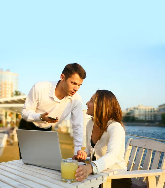Happy Couple Wearing Business Clothes Smiling Flirting Sitting Table Terrace — Stock Photo, Image
