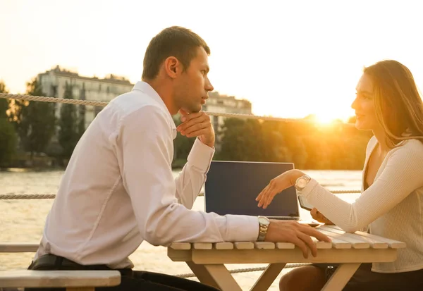 Business Couple Having Fun Talking Together Restaurant Street Summer Cafe — Stock Photo, Image