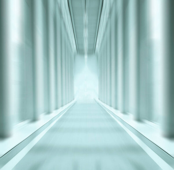 прямая офисная дорожка в современном стиле. длинный пустой коридор с голубыми окнами и стенами. Концепция карантина