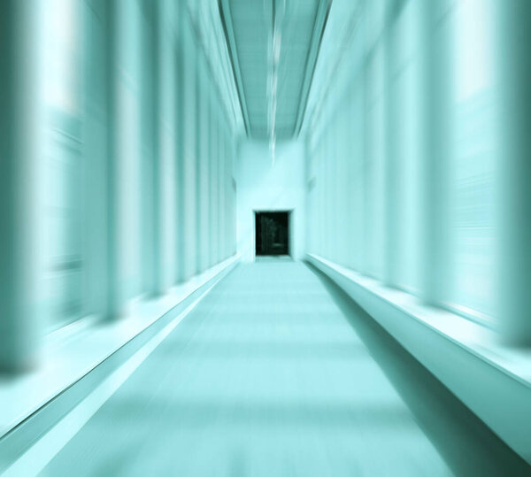 прямая офисная дорожка в современном стиле. длинный пустой коридор с голубыми окнами и стенами. Концепция карантина