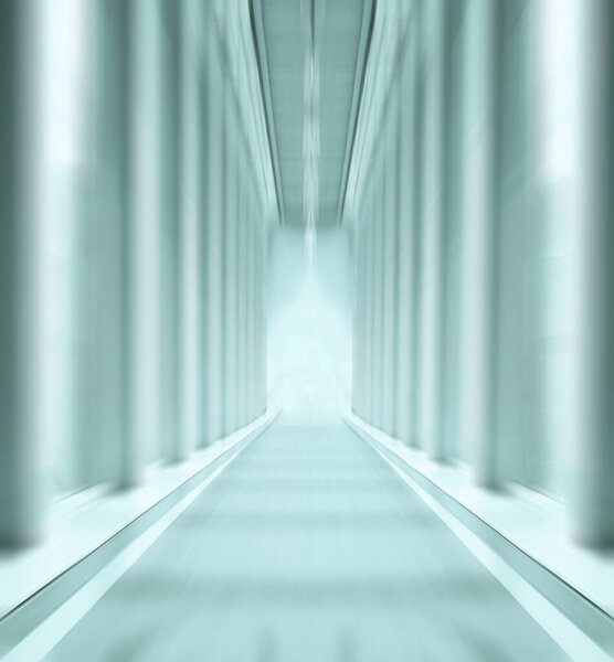 прямая офисная дорожка в современном стиле. длинный пустой коридор с голубыми окнами и стенами. Концепция карантина