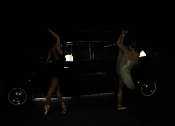 Портрет Двух Артистов Балета Танцующих Ночью Возле Ретро Машины — стоковое фото