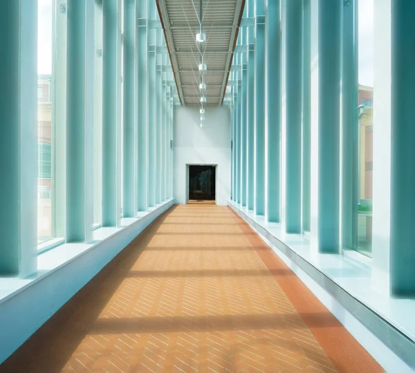 Direct Office Walkway Modern Style Long Empty Corridor Blue Windows — Stock Photo, Image