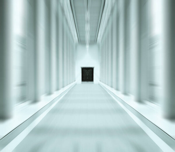 прямая офисная дорожка в современном стиле. длинный пустой коридор с голубыми окнами и стенами. Концепция карантина